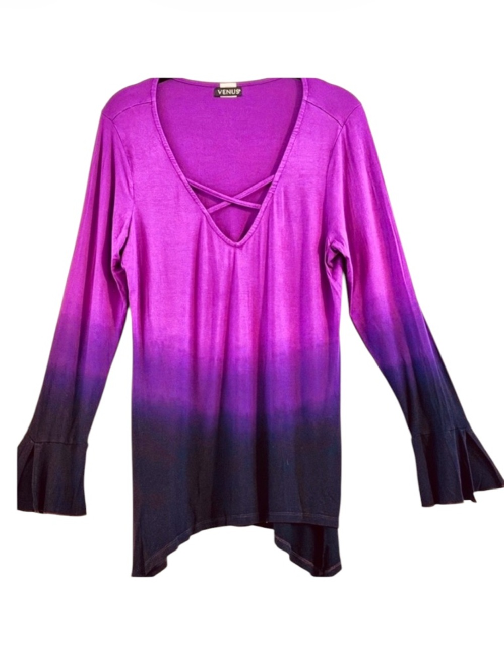 VENUS Purple Ombre Criss Cross V-Neck Split Bell Sleeve Tunic Top Size L